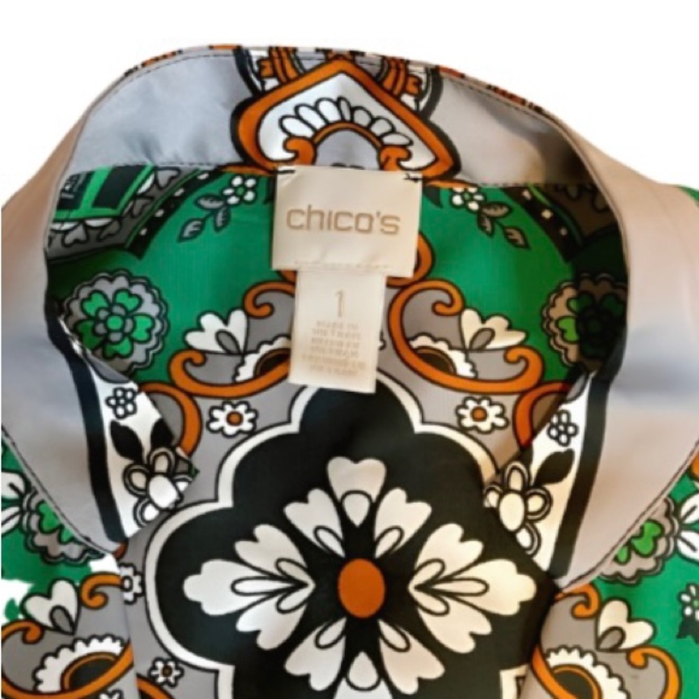 Chico’s Women’s Paisley Peasant Green/Black/Gray Top Size 8/10 High Collar - Picture 4 of 6